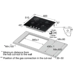 Samsung Prezio NA64H3000AK 60cm Gas Hob - Black / Glass -Hoover Kitchen Supply Shop 14200057 8845011750520574